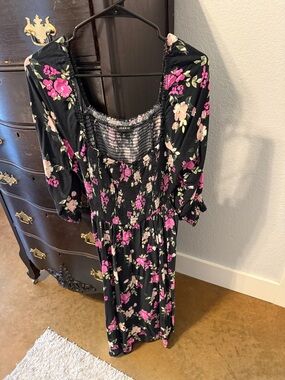 torrid Black Floral Smocked Midi Dress with Pink & Cream Blooms